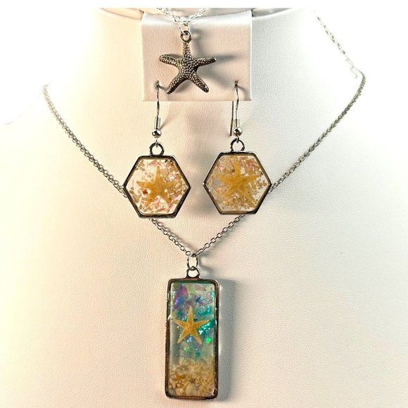 Unbranded Jewelry - Resin Jewelry Necklace Earring Set Handcrafted Bonus SeaStar Anklet New Starfish